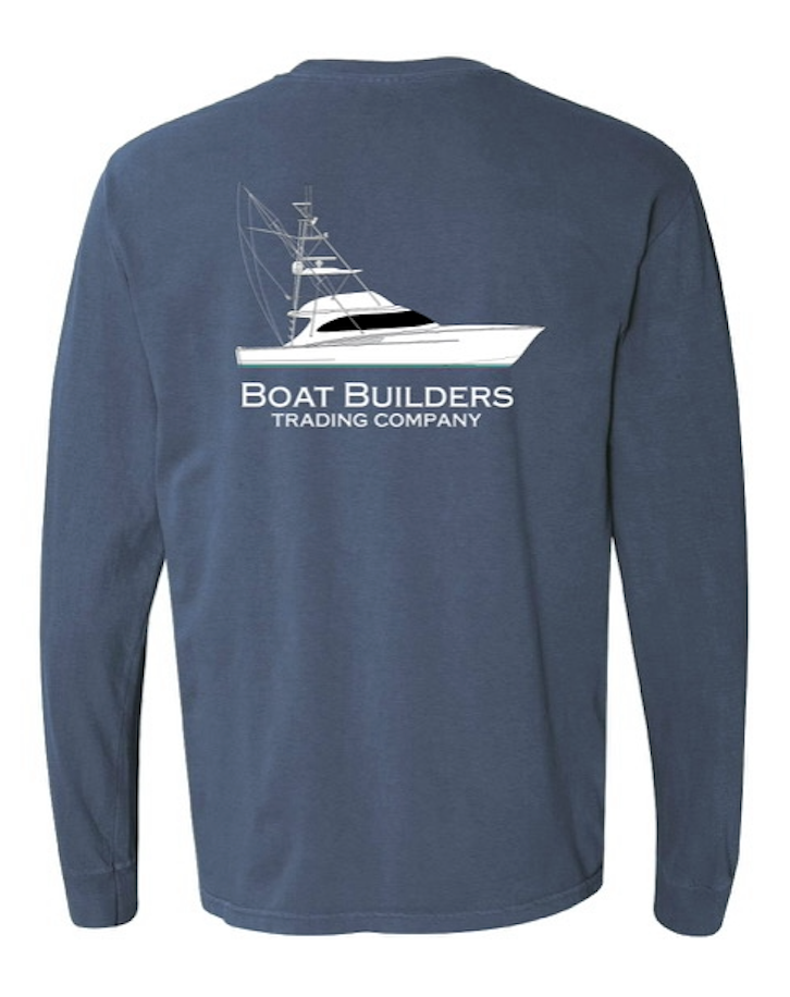 Boat Builders Trading Custom White Sportfish Long Sleeve Large / Navy