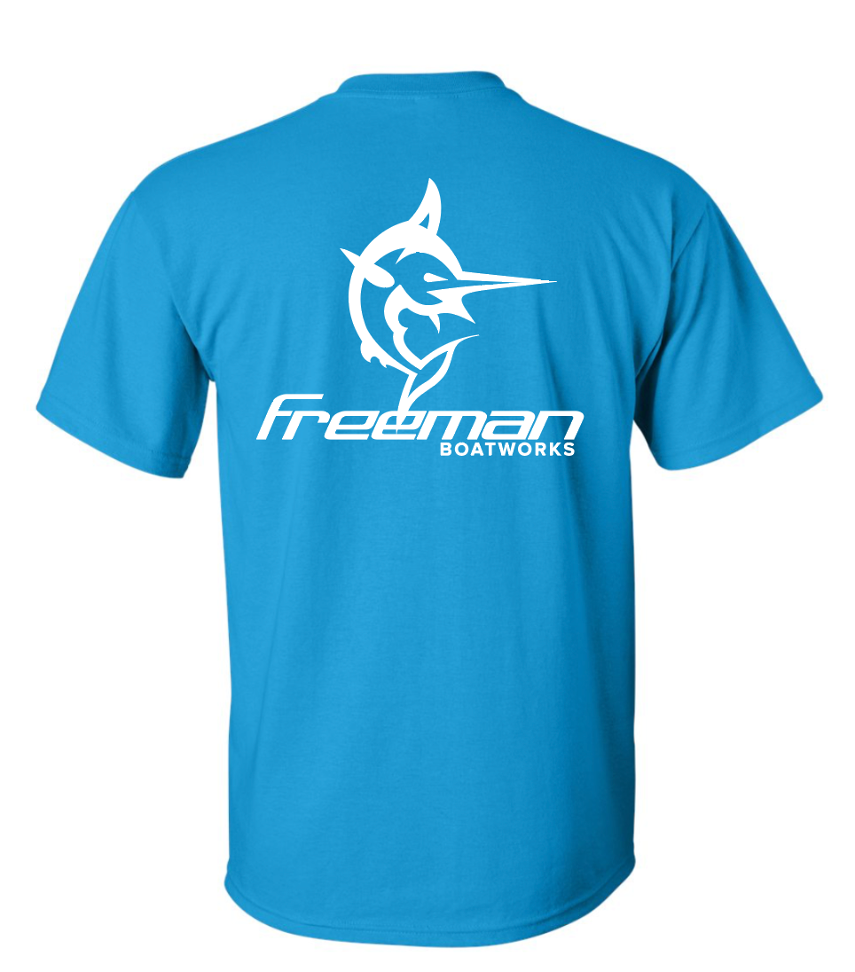 Freeman Boatworks Short Sleeve Caribbean Blue  shirt with White logo