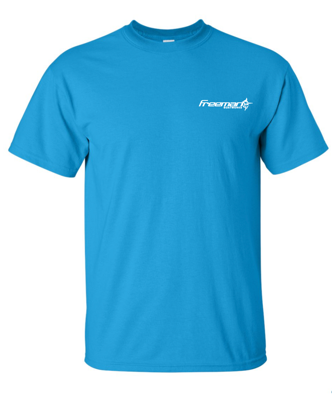 Freeman Boatworks Short Sleeve Caribbean Blue  shirt with White logo
