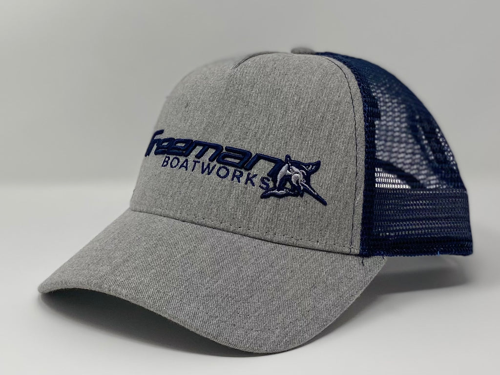 Freeman Boatworks Grey and Navy Trucker Hat – Boat Builders Trading Company