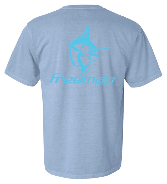 Freeman Boatworks Short Sleeve Carolina Blue shirt with Aqua Blue logo