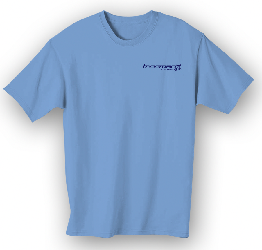 Freeman Boatworks Short Sleeve Saltwater Blue shirt with Navy Blue logo