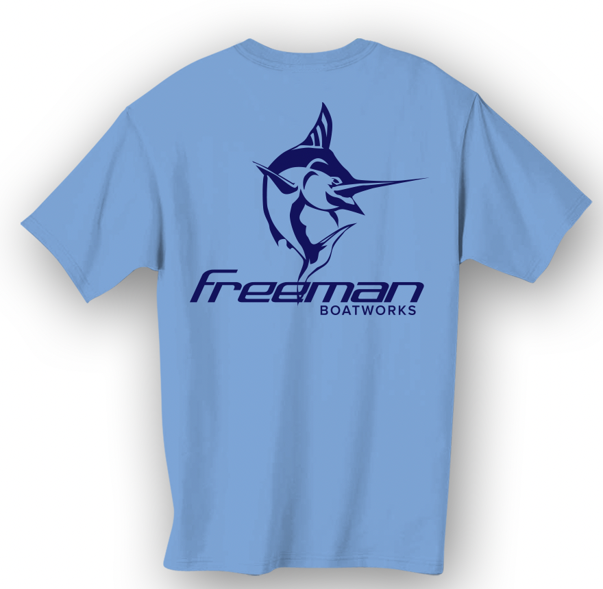 Freeman Boatworks Short Sleeve Saltwater Blue shirt with Navy Blue logo